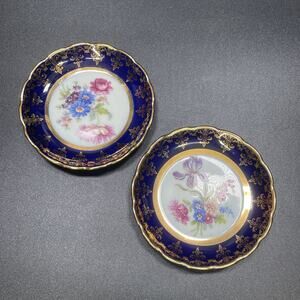 2pc Vintage Limoges France Cobalt Blue Cabinet Plates Floral Gold Gilt 3.75”